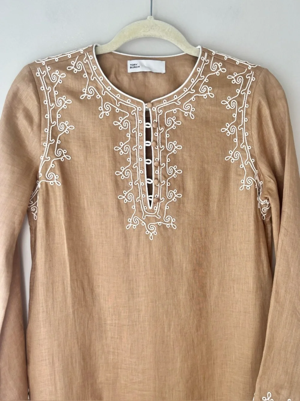 Tory Burch Camel Linen Caftan Maxi Dress with White Embroidery XS